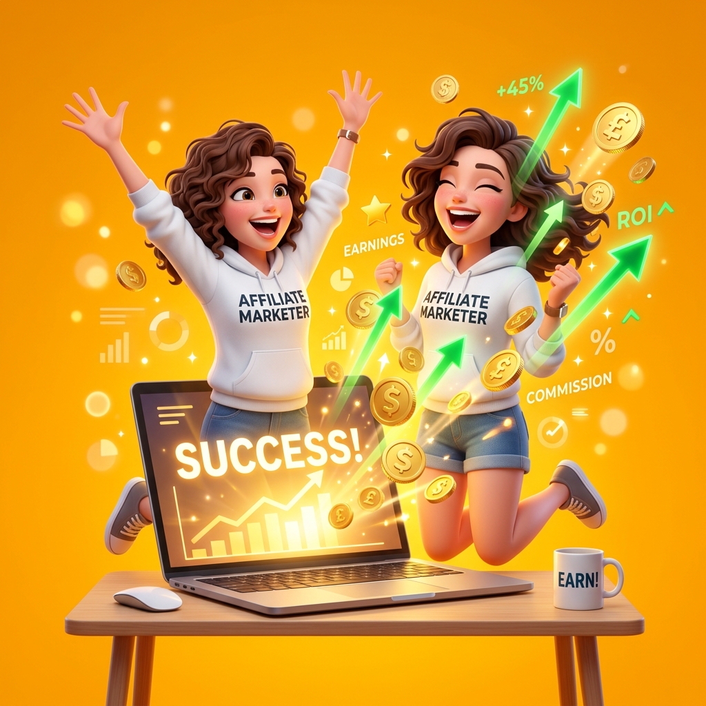 Một affiliate marketer vui mừng với màn hình đầy những đồng tiền vàng liên tục rơi xuống từ biểu đồ doanh thu vút cao