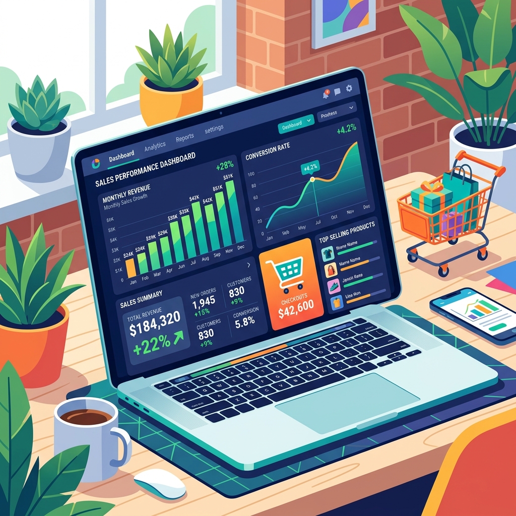 Hình ảnh minh họa một dashboard số liệu e-commerce rực rỡ, biểu thị sự phân tích